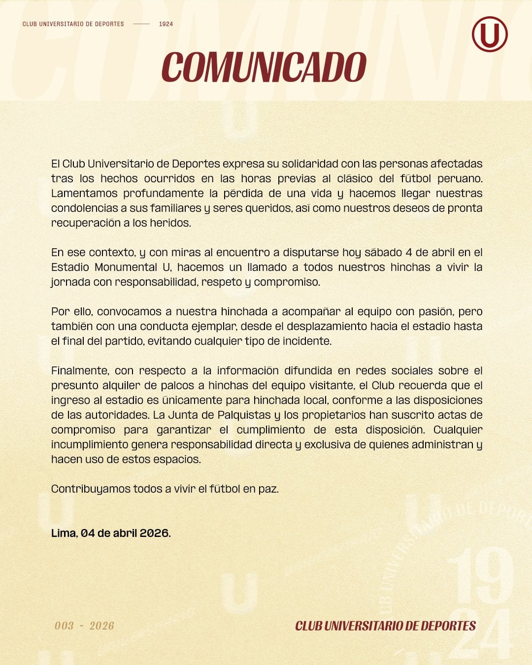 El comunicado de Universitario tras la tragedia en el estadio de Alianza Lima. (Imagen: Universitario)