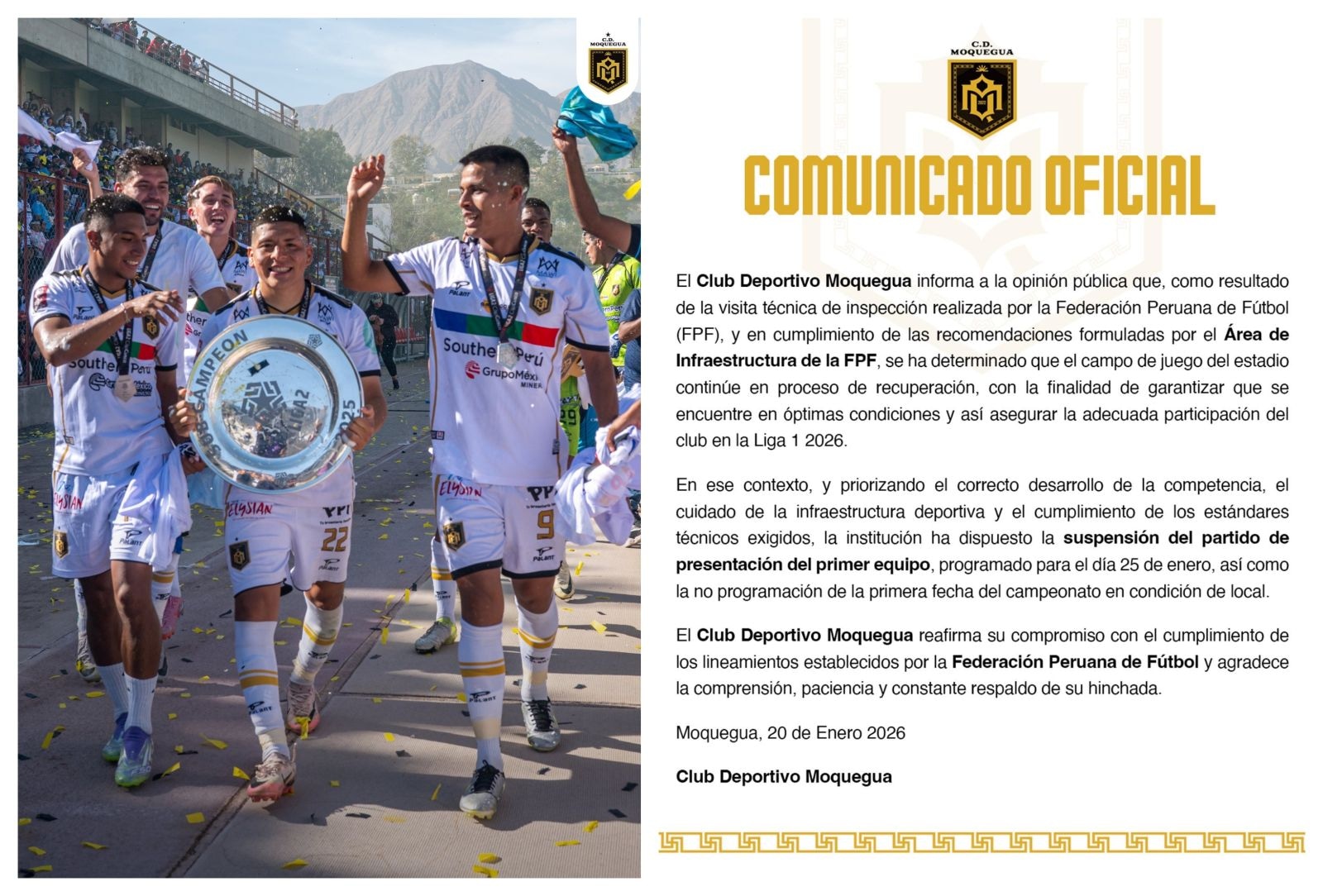 El club de Moquegua maneja las posibilidades de iniciar el Torneo Apertura en Villa El Salvador o Chincha. (Foto: CDM)