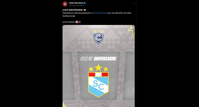 Cienciano saludó a Sporting Cristal por su aniversario. (Foto: Twitter)