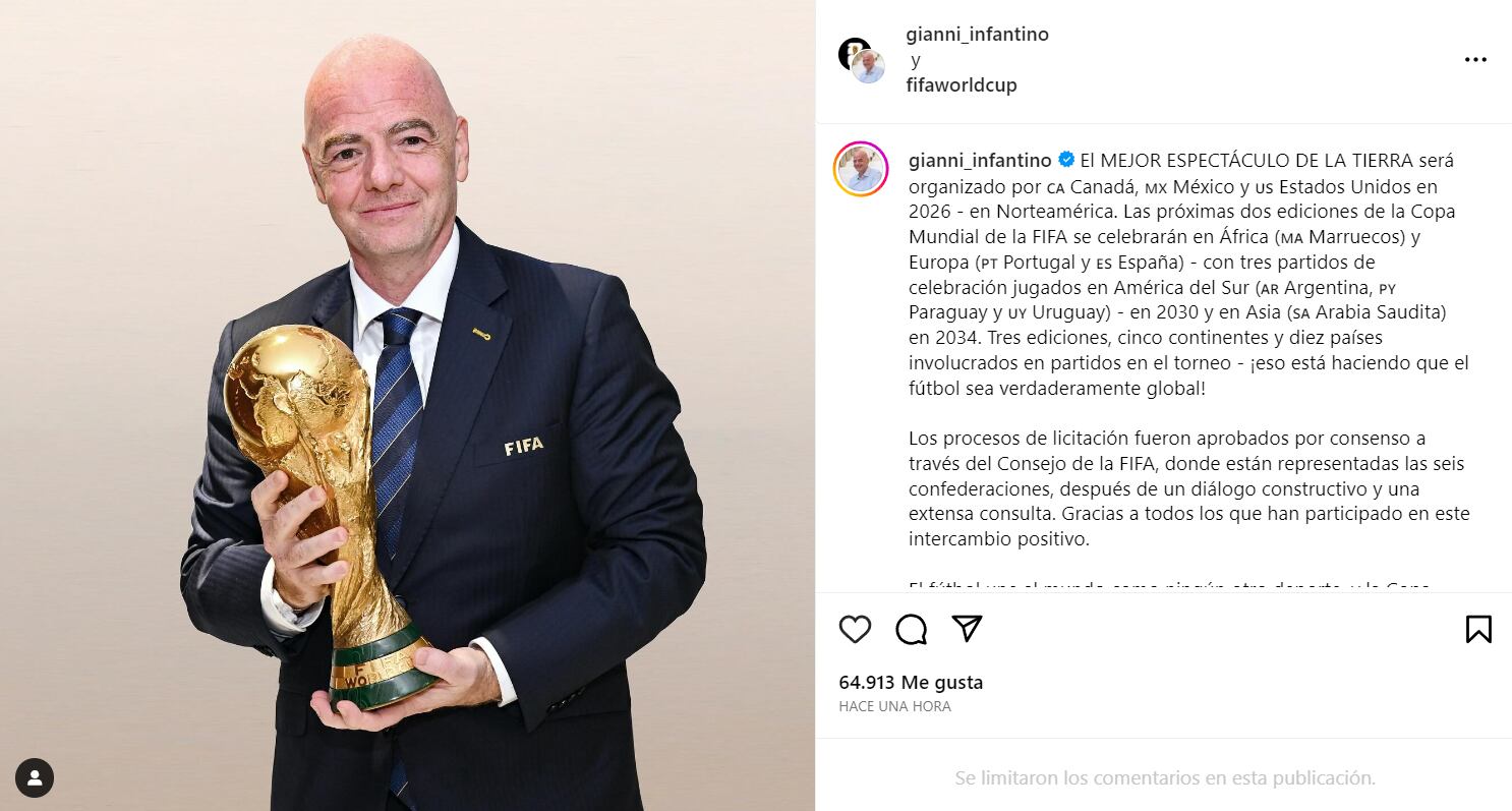 El presidente de la FIFA anunció que Arabia Saudita será sede del Mundial 2034 a través de sus redes sociales. (Foto: Instagram/Gianni Infantino)