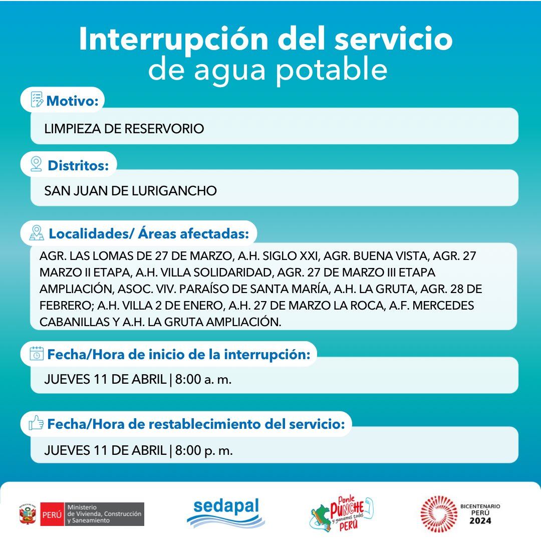 Sedapal anunció el corte de agua en algunas zonas para este 11 de abril. (Foto: Sedapal)