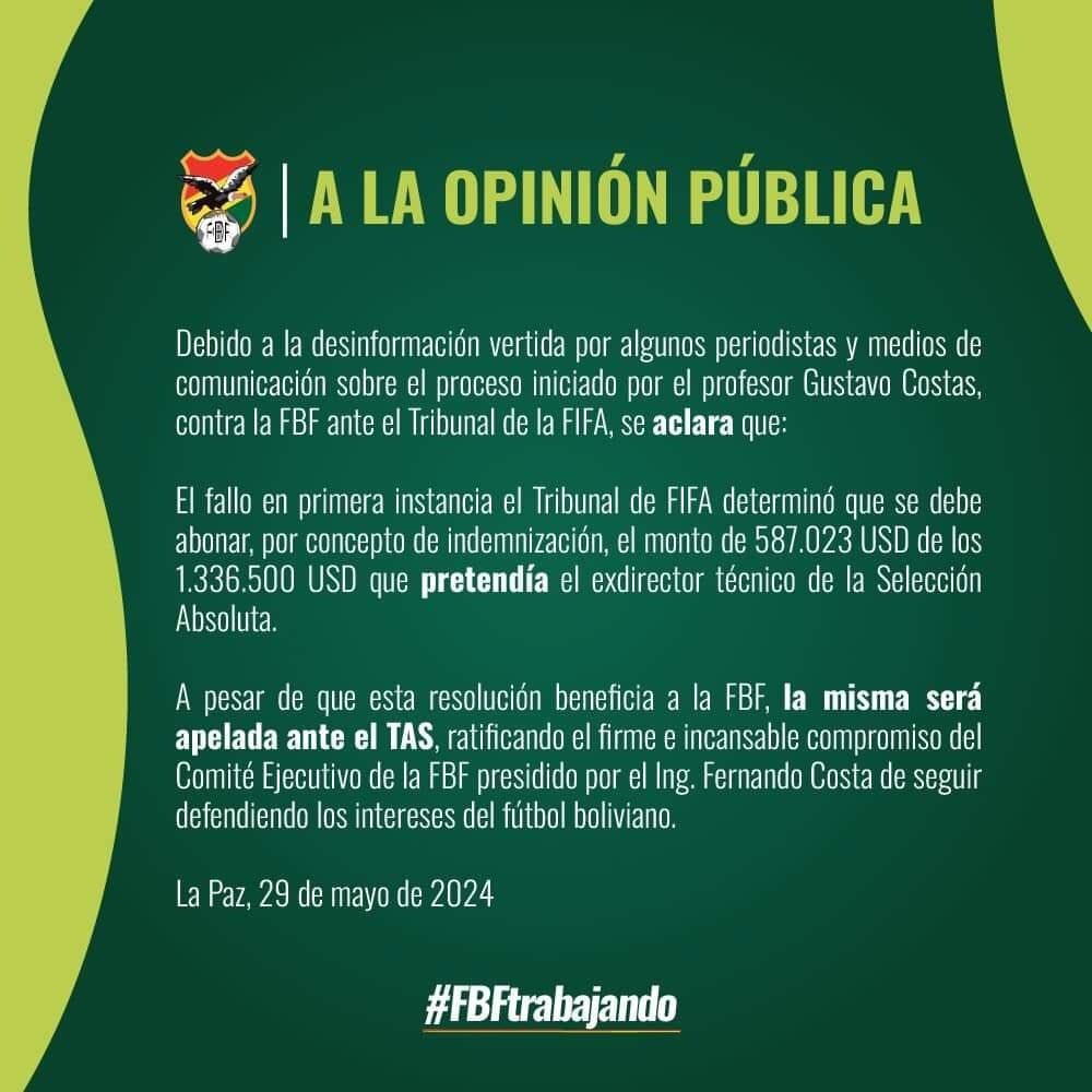 Federación Boliviana se pronunció sobre Gustavo Costas. (Foto: FBF)