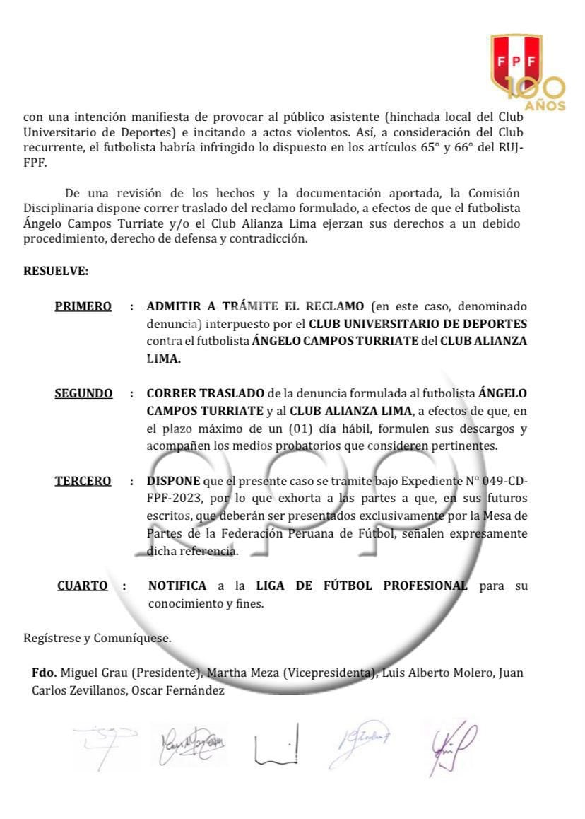 Documento de la Comisión Disciplinaria de la FPF. (Foto: RPP)