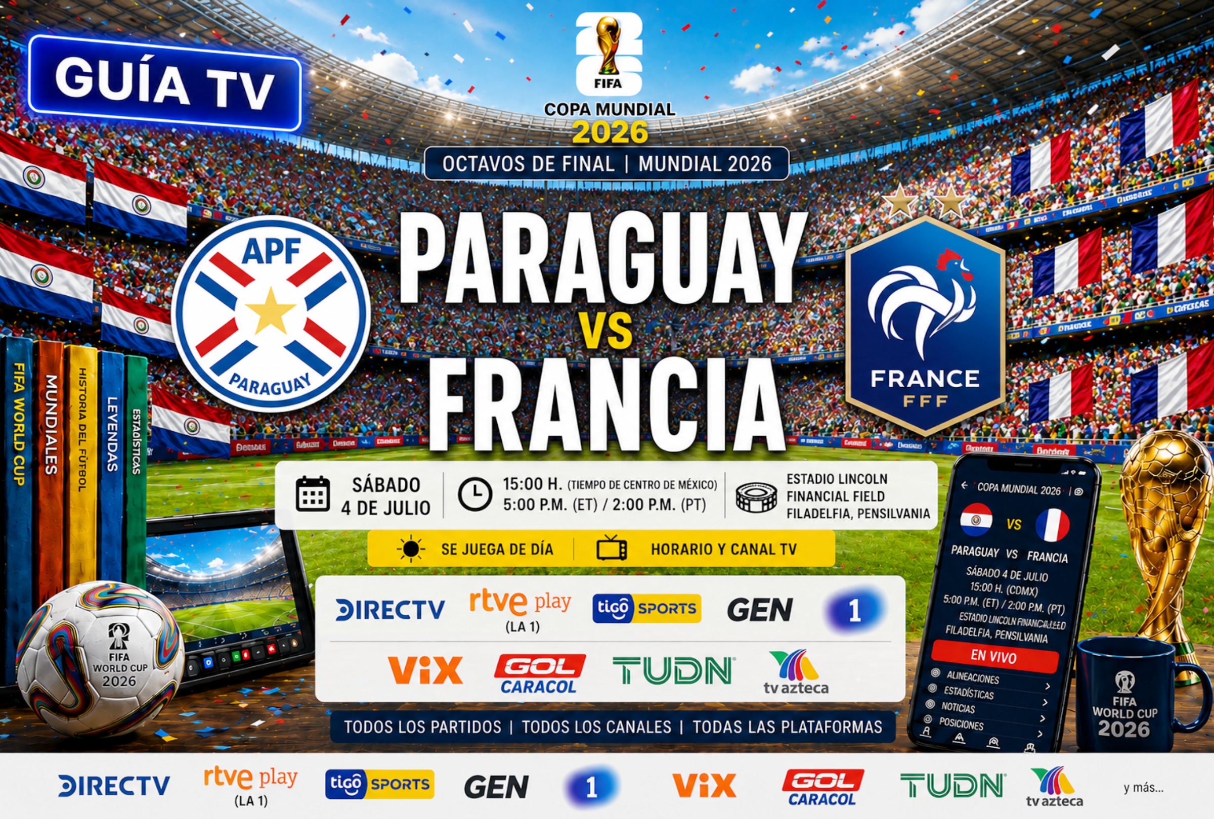 FILADELFIA, PENSILVANIA (ESTADOS UNIDOS), 04/07/2026.- Lista de canales de televisión y servicios streaming para ver el partido Paraguay vs. Francia en vivo, online y en directo hoy los octavos de final del Mundial 2026 en el Estadio Lincoln Financial Field de Filadeldia, Pensilvania. FOTO DE NOÉ YACTAYO