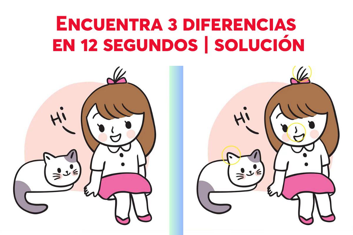 DESAFÍO VISUAL | Las tres diferencias entre las dos imágenes de la niña y la gatita están encerradas en círculos amarillos.