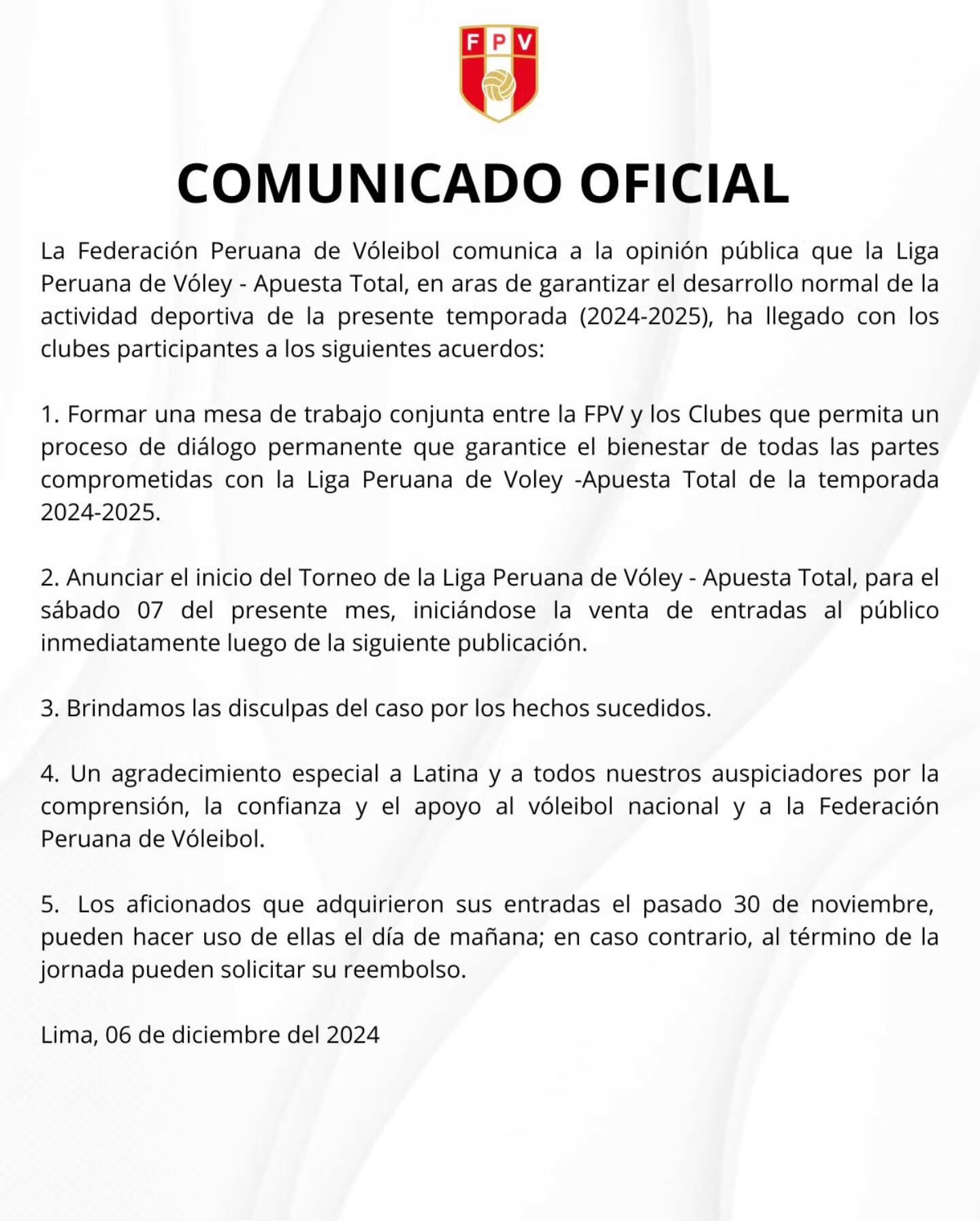 Comunicado de la Federación Peruana de Vóleibol sobre el inicio de la Liga. (Difusión)