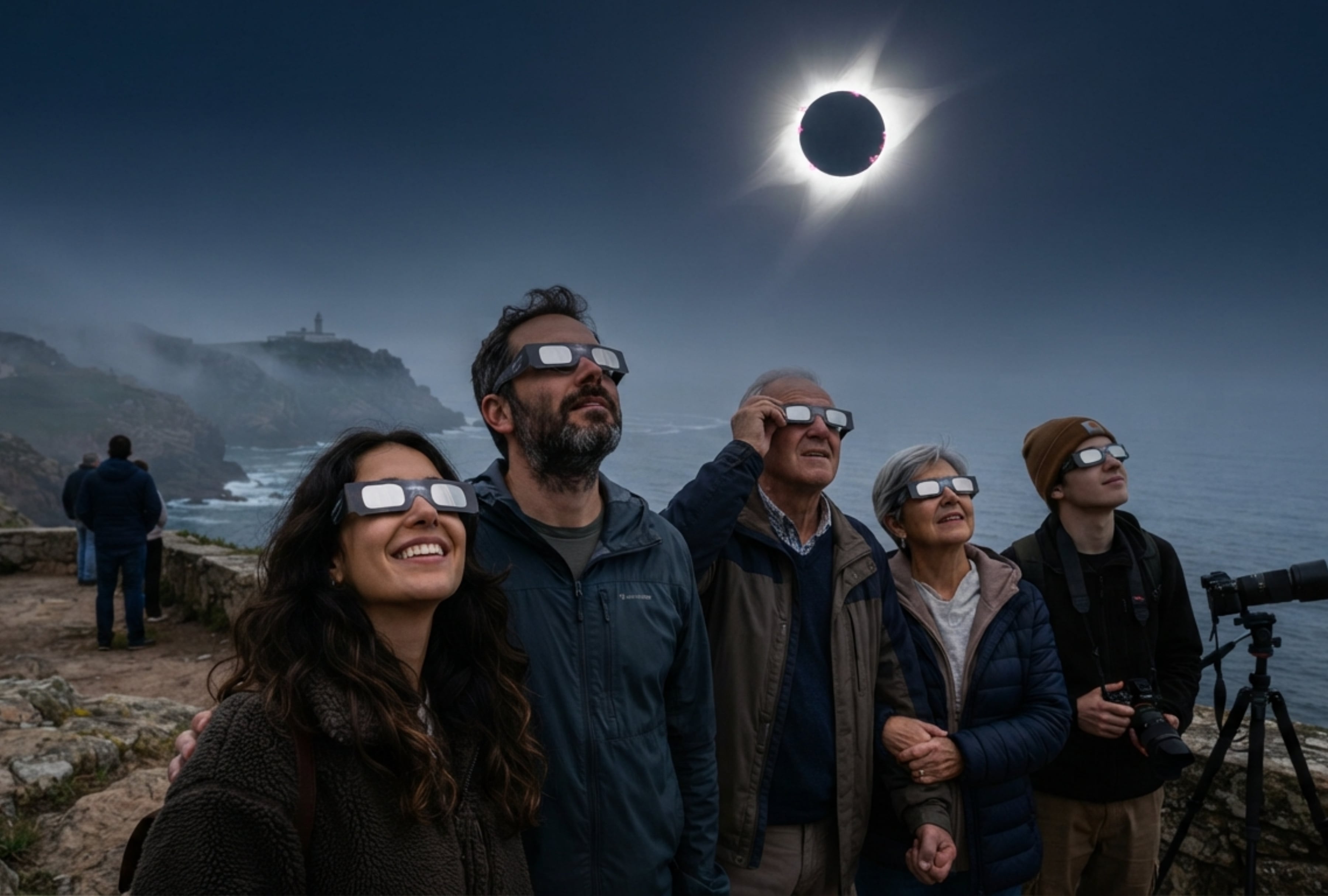 Cronograma del eclipse solar total en Galicia hoy, 12 de agosto. Datos de visibilidad por provincias, inicio del oscurecimiento, duración del fenómeno y enlaces para seguir la cobertura en directo desde la costa atlántica. | Imagen referencial creada por Depor usando la IA de Gemini / GEC