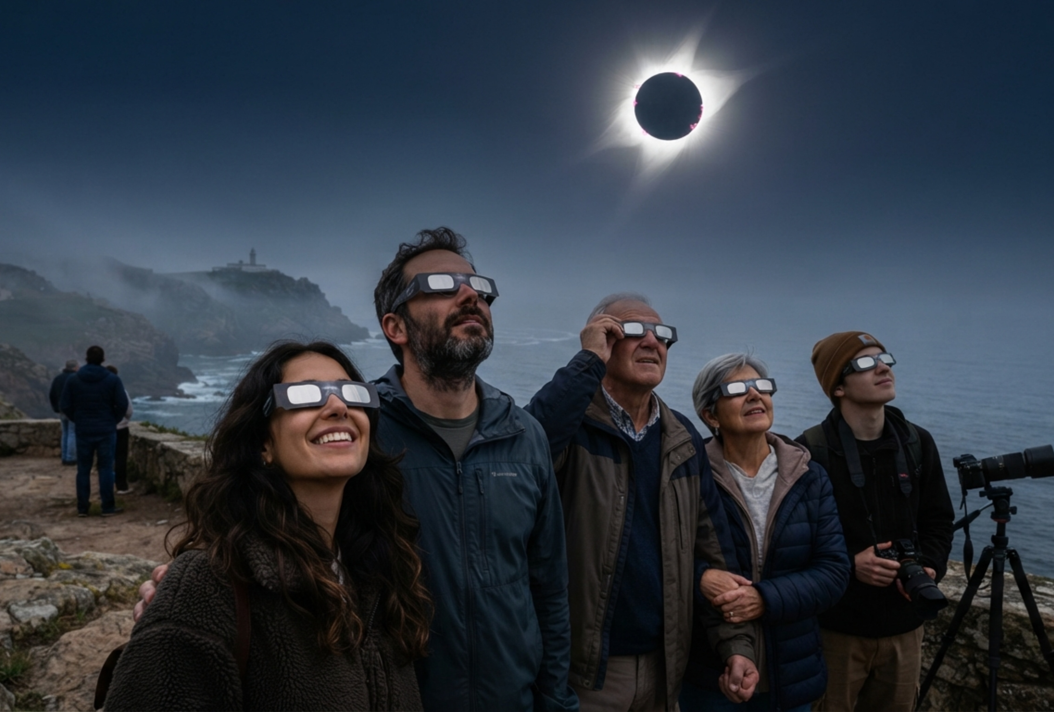 Cronograma del eclipse solar total en Galicia hoy, 12 de agosto. Datos de visibilidad por provincias, inicio del oscurecimiento, duración del fenómeno y enlaces para seguir la cobertura en directo desde la costa atlántica. | Imagen referencial creada por Depor usando la IA de Gemini / GEC