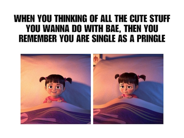 When you thinking of all the cute stuff you wanna do with bae, then you remember you are single as a pringle. | Photo by imgflip.com