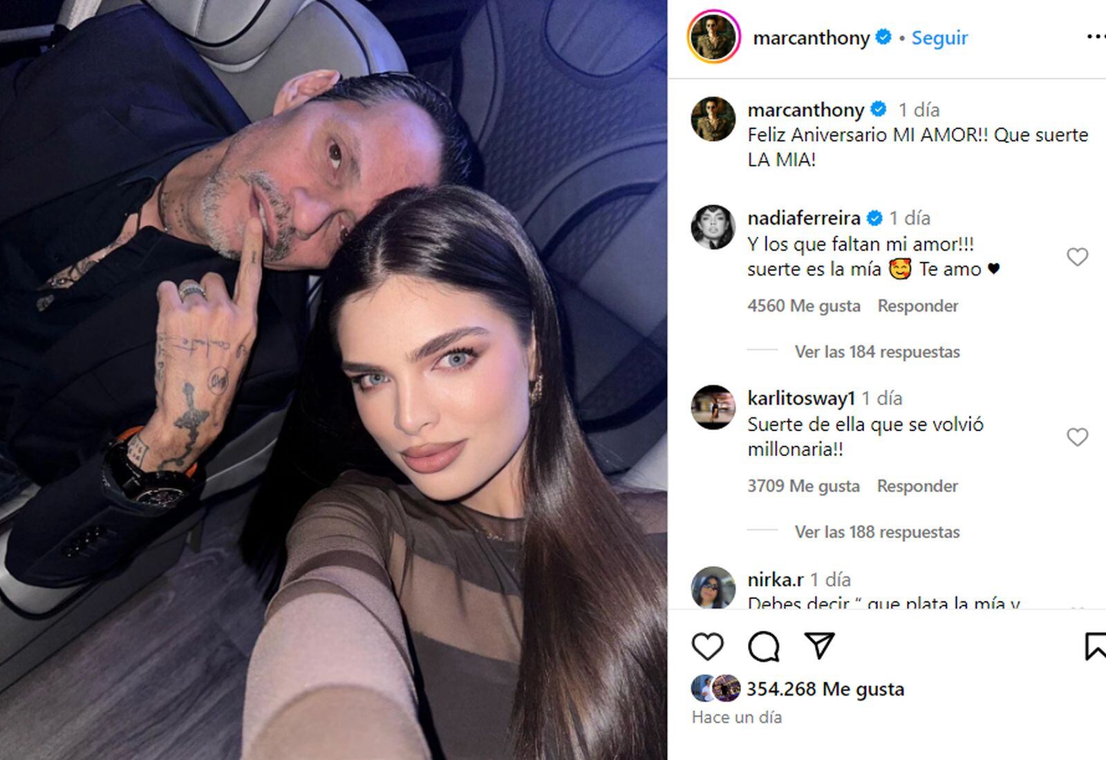 Nadia Ferreyra y Marc Anthony celebran su primer aniversario de bodas (Foto: Nadia Ferreyra y Marc Anthony /Instagram)