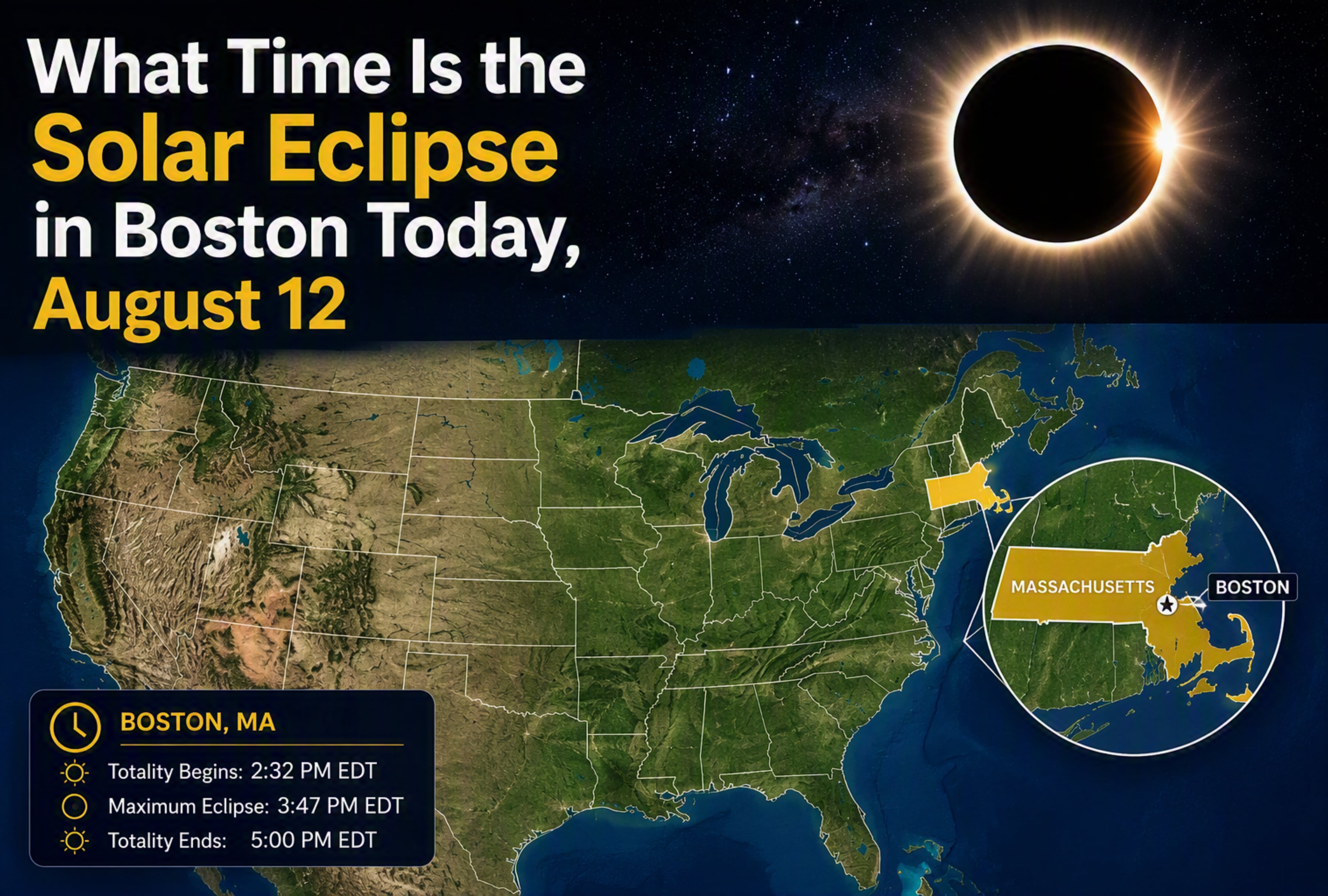 Local timing and visibility details for the August 12 partial solar eclipse in Boston. Learn when the shadow begins, the peak coverage time over Massachusetts, and safe viewing recommendations. | Referencial image created by Depor using Chat GPT AI / GEC