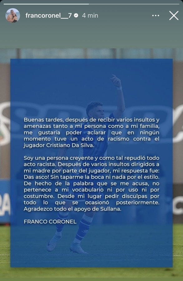Comunicado de Franco Coronel sobre denuncia de racismo.