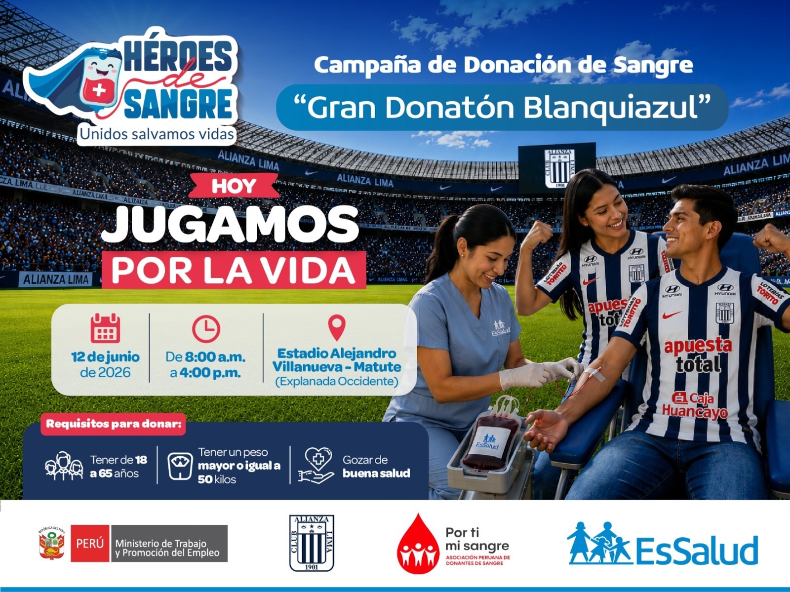 “Donatón Blanquiazul”: EsSalud y Alianza Lima se unen para recaudar 200 unidades de sangre.