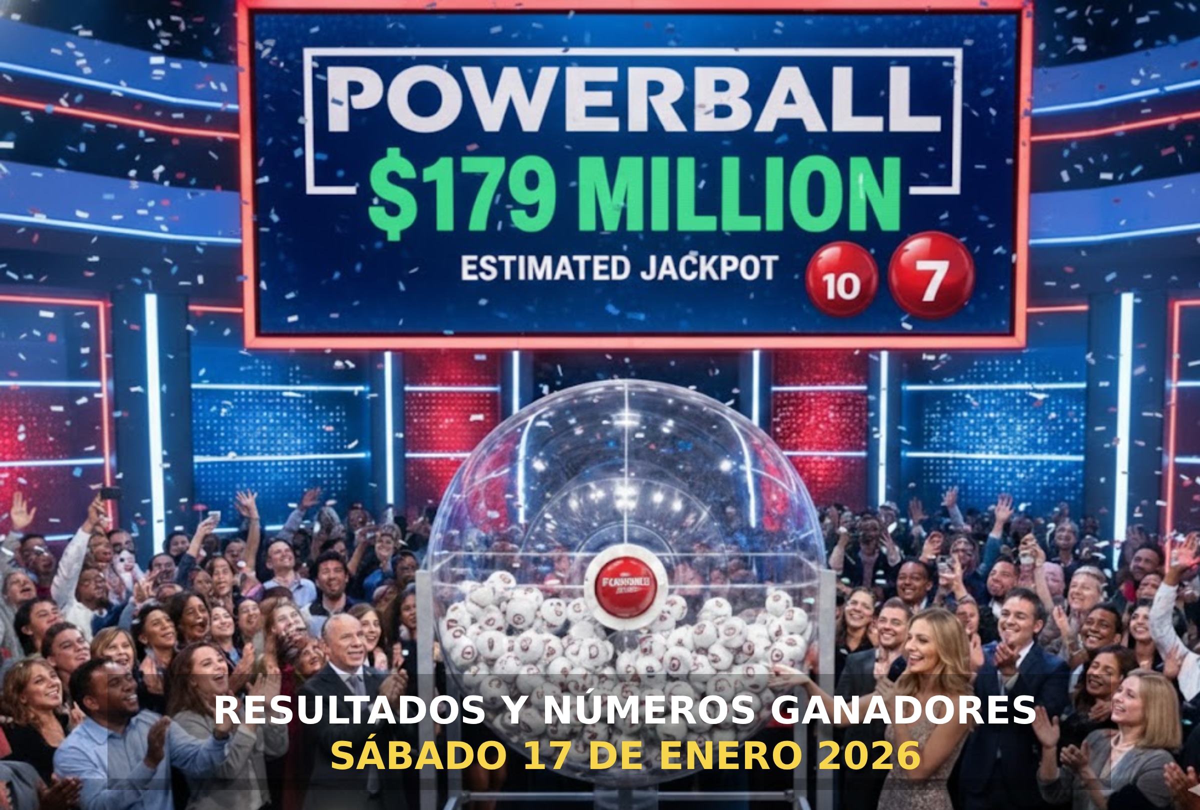 MIAMI, FLORIDA (ESTADOS UNIDOS), 17/01/2026.- ¿Quién ganó el sorteo del Powerball hoy? Revisa los resultados y números ganadores en vivo y en directo del sorteo del sábado 17 de enero con un premio mayor de $179 millones. IMAGEN CREADA POR NOÉ YACTAYO CON GEMINI AI DE GOOGLE CON LOGO DE POWERBALL PARA DEPOR.COM