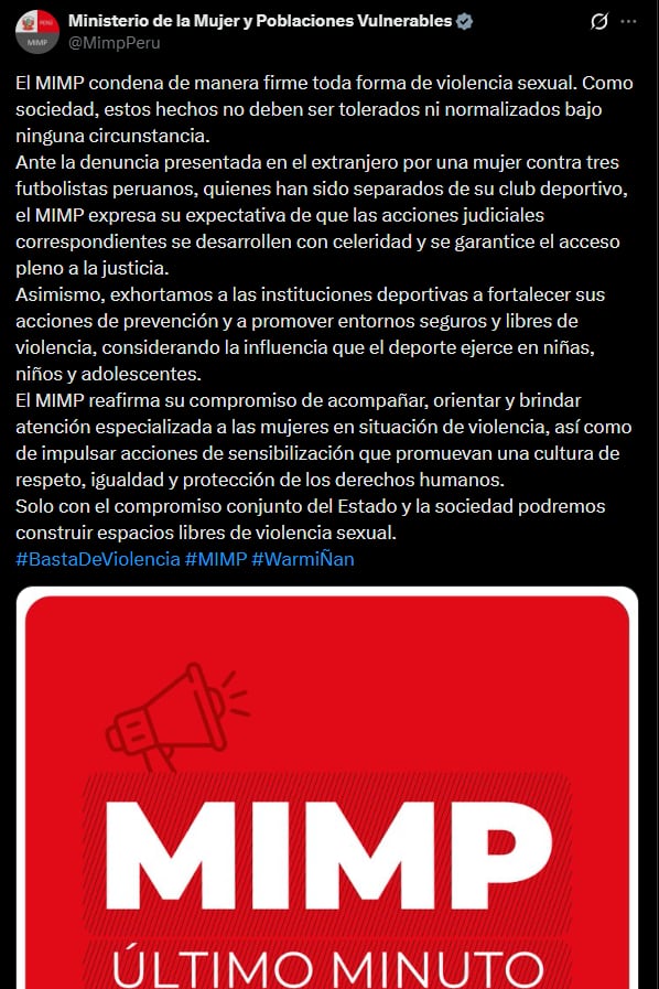 Comunicado del MIMP sobre caso abuso sexual de 3 jugadores de Alianza Lima | Foto: X