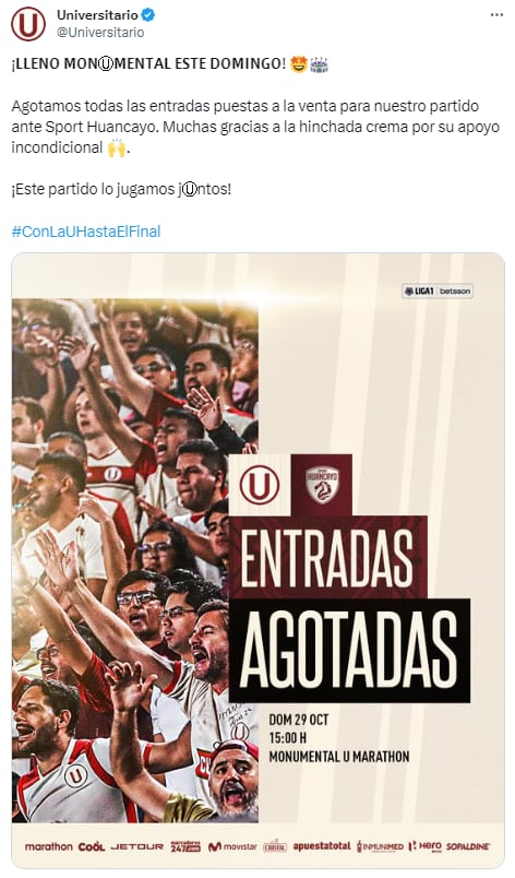 Entradas para el Universitario vs. Sport Huancayo en el Monumental se agotaron. (Foto: Twitter)