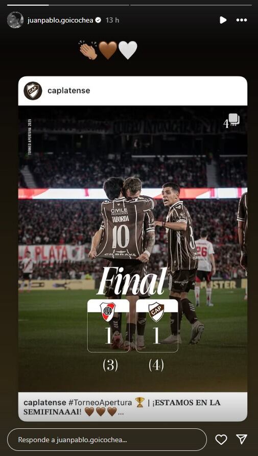 Juan Pablo Goicochea publicó mensaje tras clasificación de Platense. (Captura)