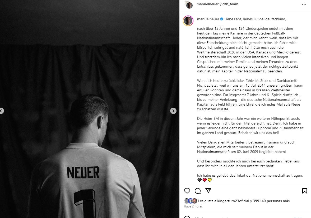 El anuncio de Manuel Neuer a su salida de la selección de Alemania.
