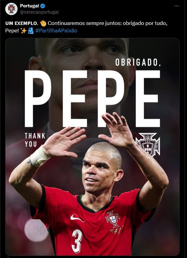 Selección de Portugal despidió a Pepe del fútbol. (Foto: @selecaoportugal).