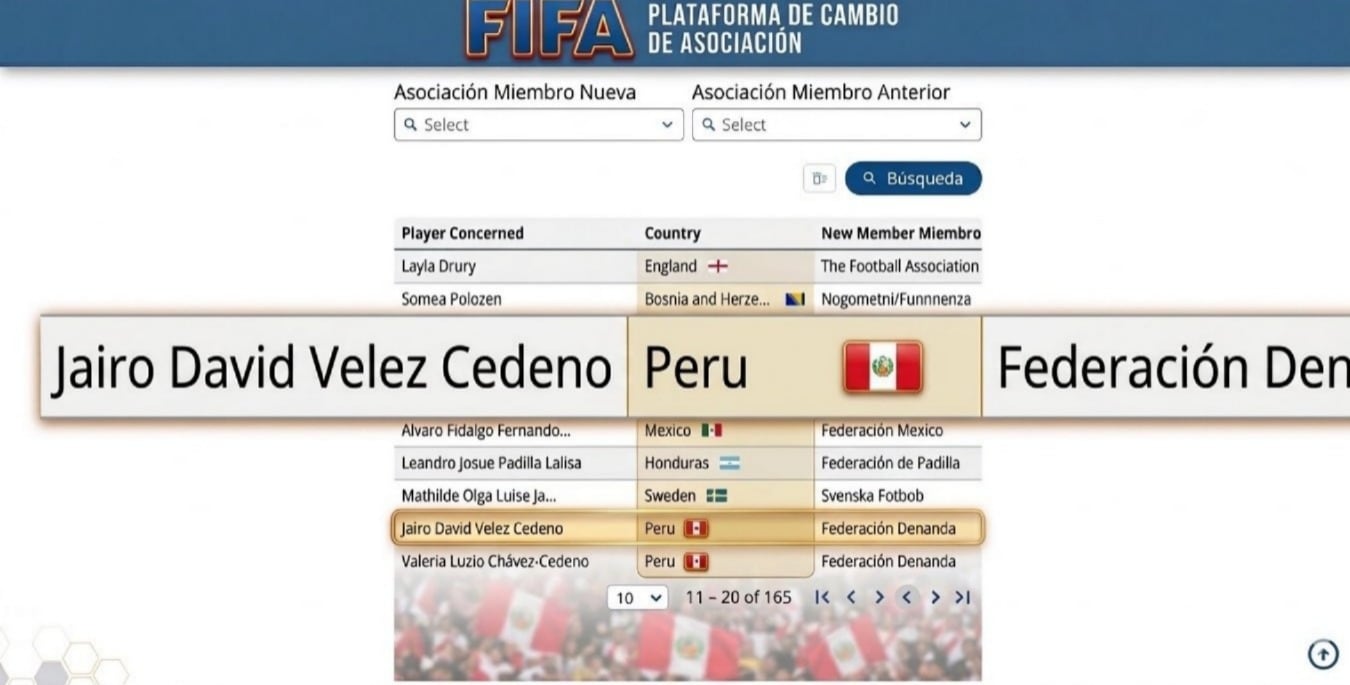El registro del cambio de asociación de Jairo Vélez en el portal de la FIFA. (Imagen: FIFA)