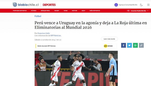 La victoria de Perú ante Uruguay dejó última a Chile en las Eliminatorias 2026: así reaccionó la prensa deportiva en el sur.