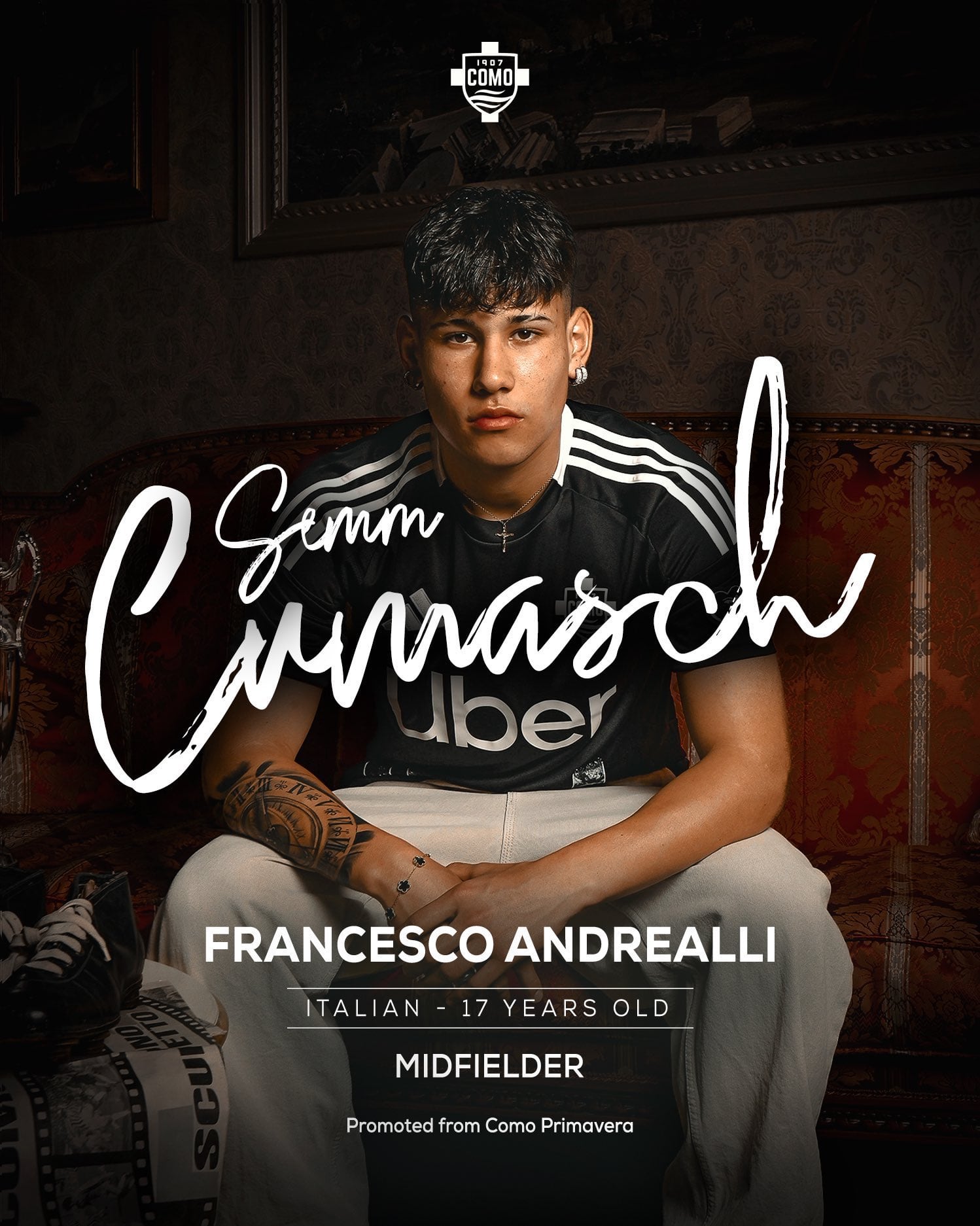 Francesco Andrealli espera su chance para sumar sus primeros minutos con el primer equipo del Como. (Foto: Como 1907)