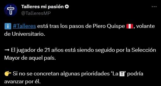 Talleres Mi Pasión reveló el interés de la 'T' por Piero Quispe. (Foto: Captura de Twitter)