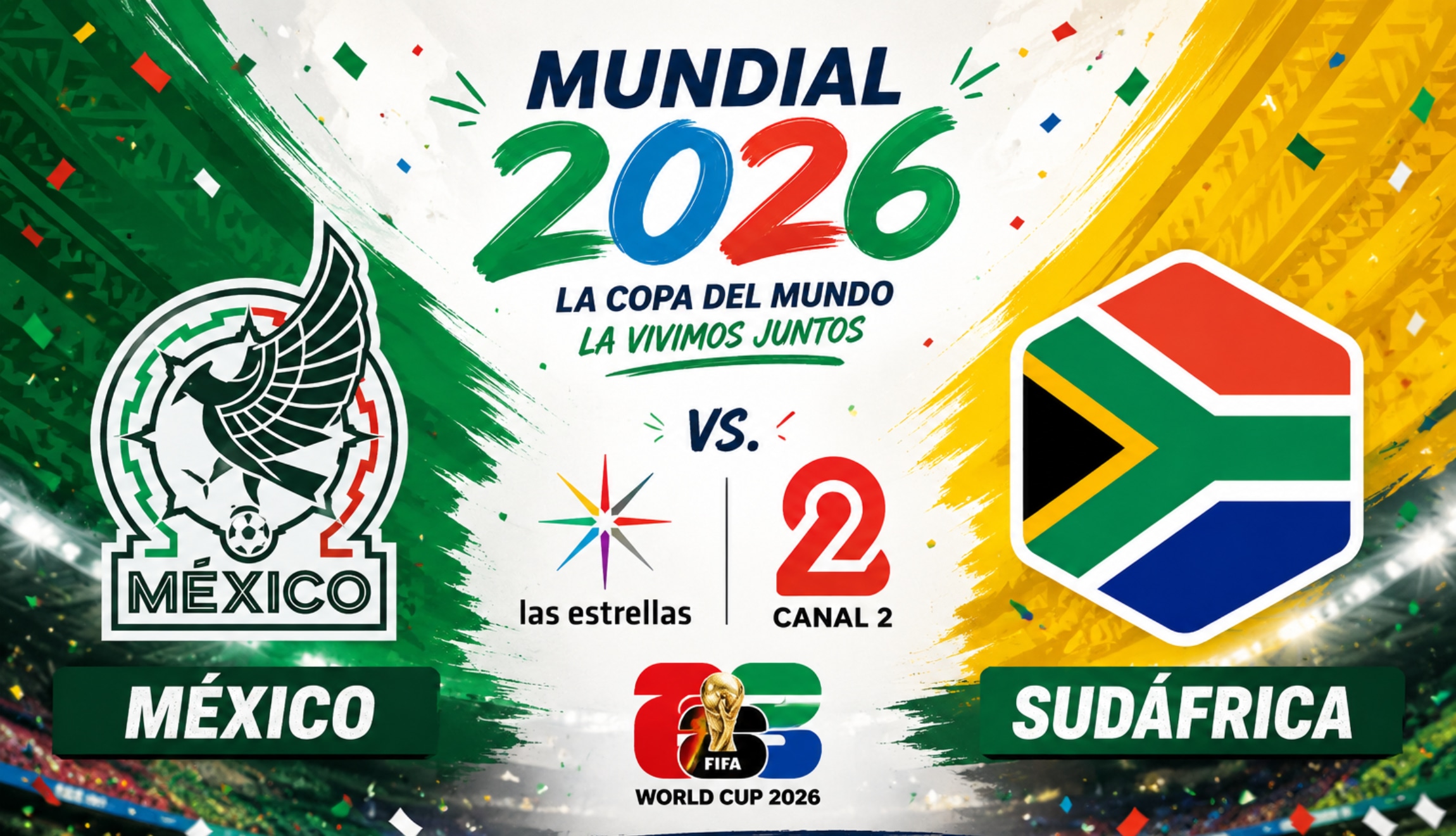 Transmisión del Canal 2 Las Estrellas en vivo para ver el partido de México vs. Sudáfrica en directo, este jueves 11 de junio, por la Fecha 1 del Mundial 2026. (Foto: Imagen creada por Depor utilizando la IA de Chat GPT)