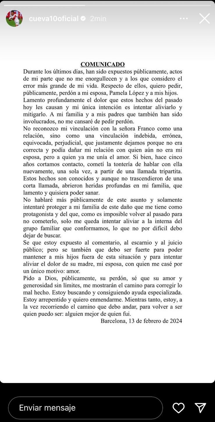 Comunicado de Christian Cueva. (Foto: Instagram)