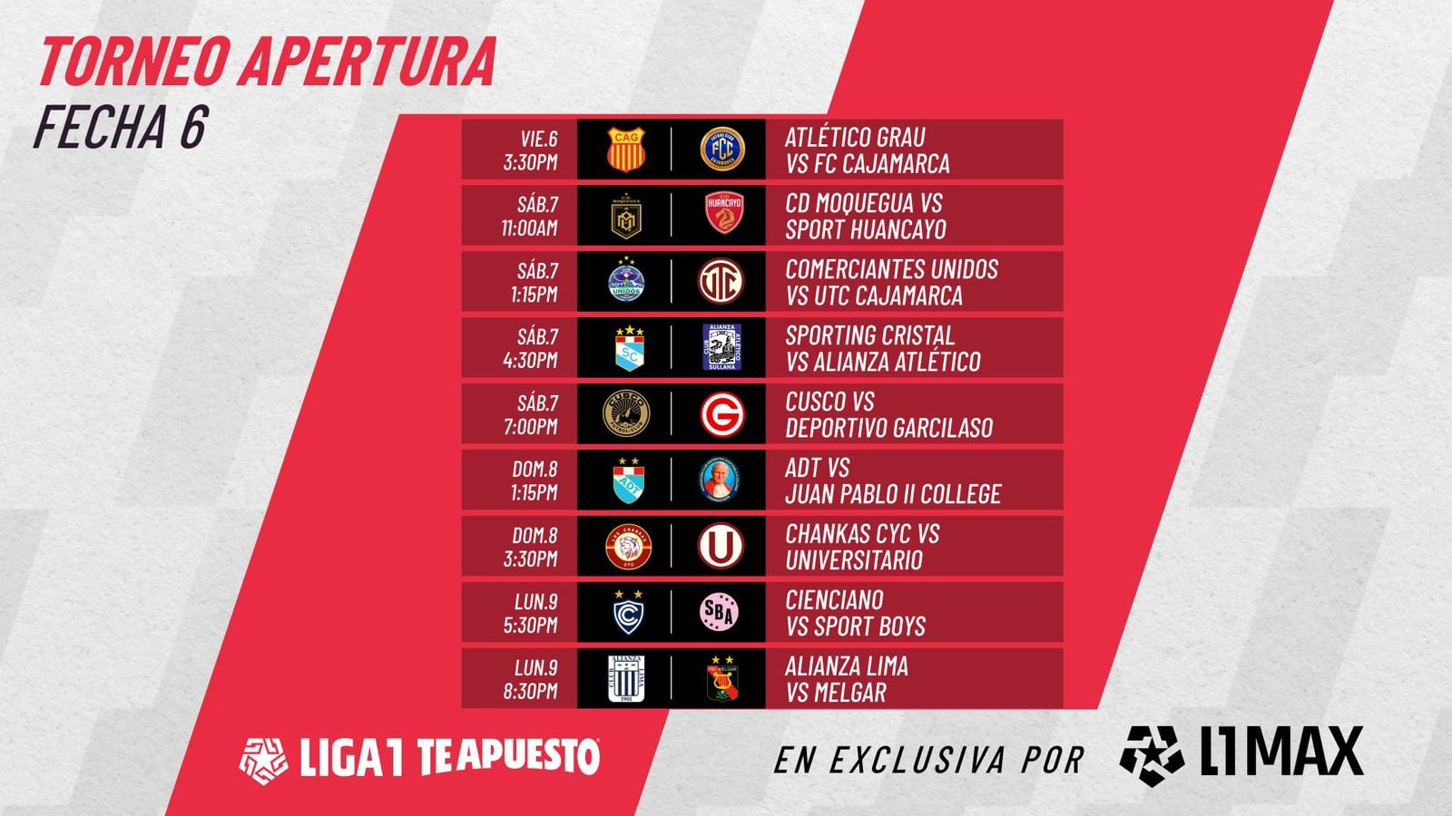 Programación de la fecha 6 del Torneo Apertura. (L1MAX)