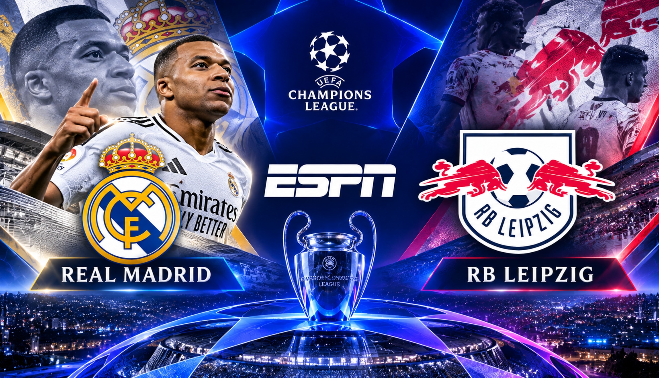 Mira ESPN en vivo y sigue el partido Real Madrid vs. RB Leipzig en directo, vía Disney Plus online, por la Jornada 3 de la UEFA Champions League 2026-27. (Foto: Imagen creada por Depor utilizando la IA de Chat GPT)