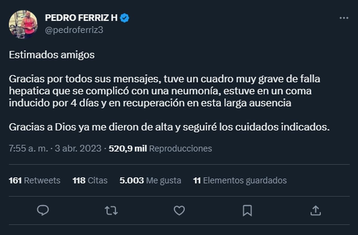 Esta fue la publicación con la que dio a conocer la preocupante noticia (Foto: Pedro Ferriz Hijar / Instagram)