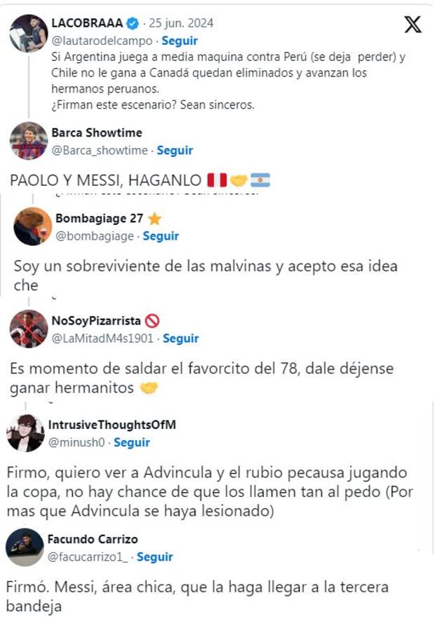 Los argentinos piden a su selección que se dejen ganar ante Perú.