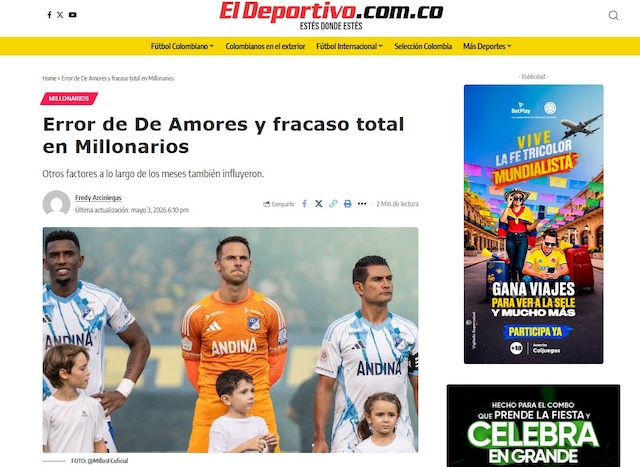 La prensa colombiana reaccionó a la eliminación de Millonarios y apuntó a Fabián Bustos. (Foto: Captura)