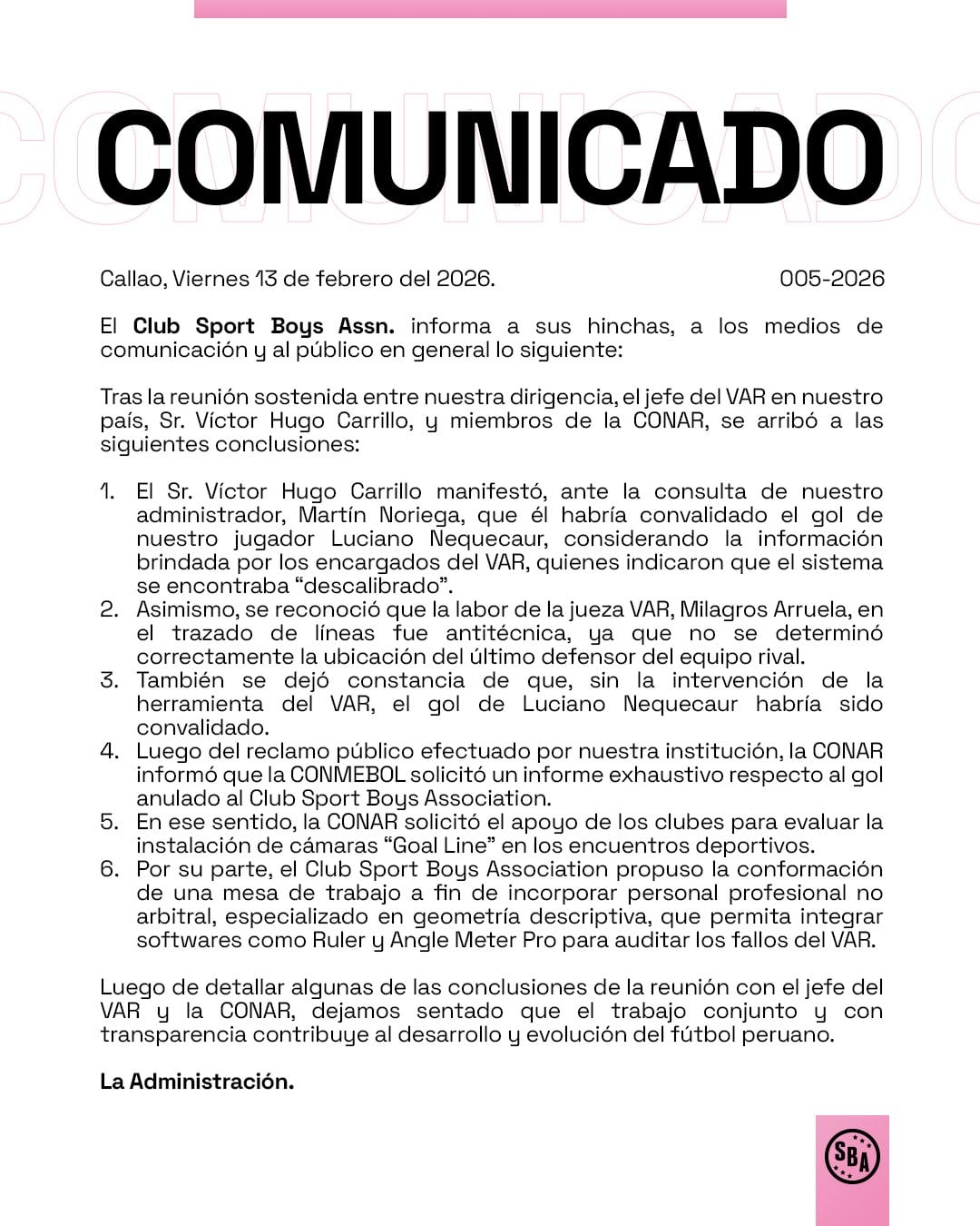 Comunicado oficial de Sport Boys contra la CONAR | Foto: X Sport Boys