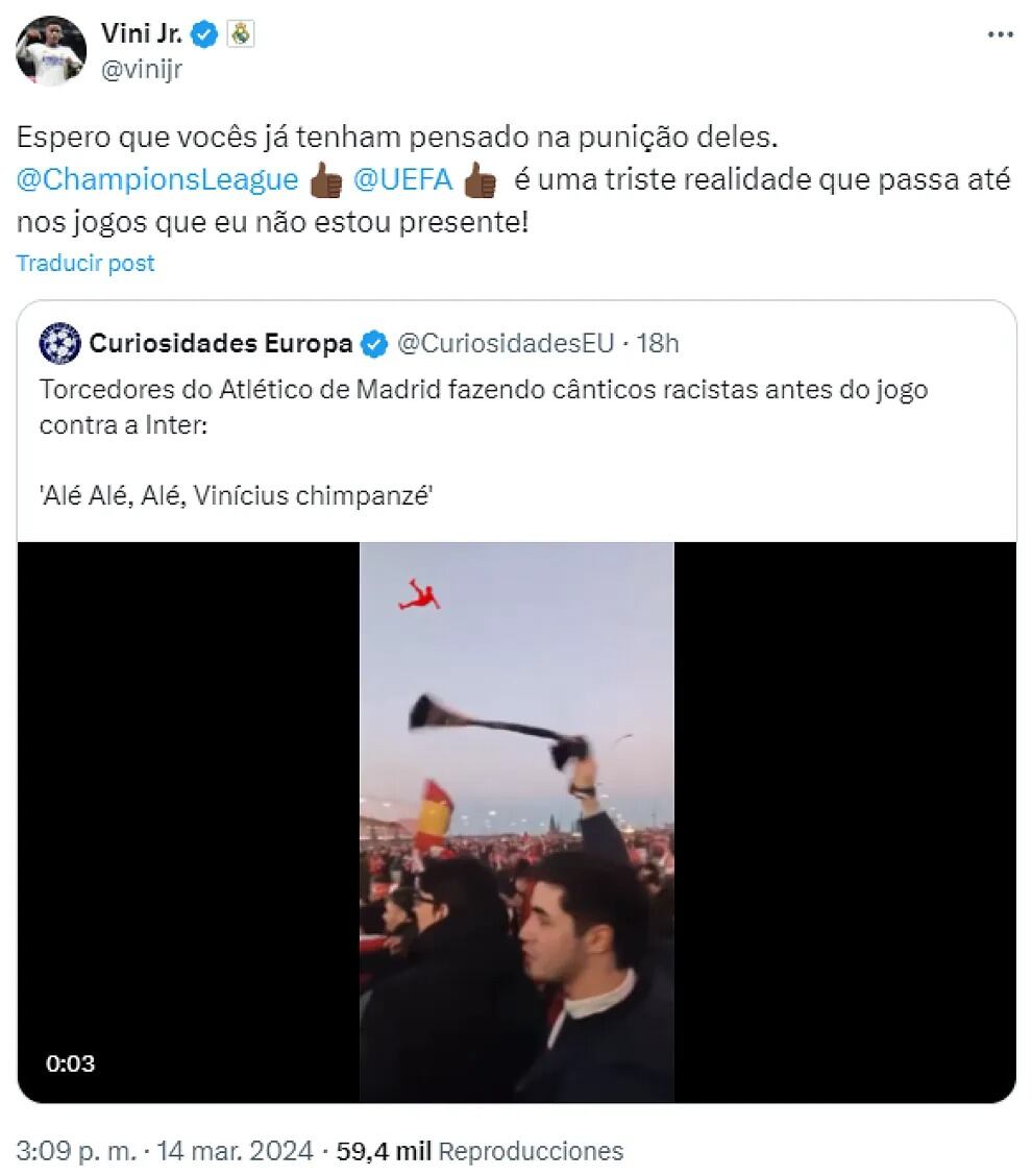 Vinícius Júnior denuncia canticos racista de hinchas de Atlético Madrid. (Foto: X).