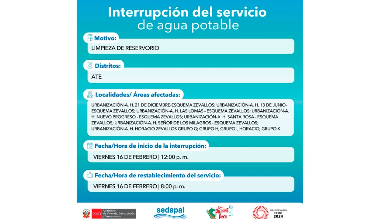 Sedapal informó qué distritos no tendrán agua este viernes 16 de febrero. (Foto: Twitter)