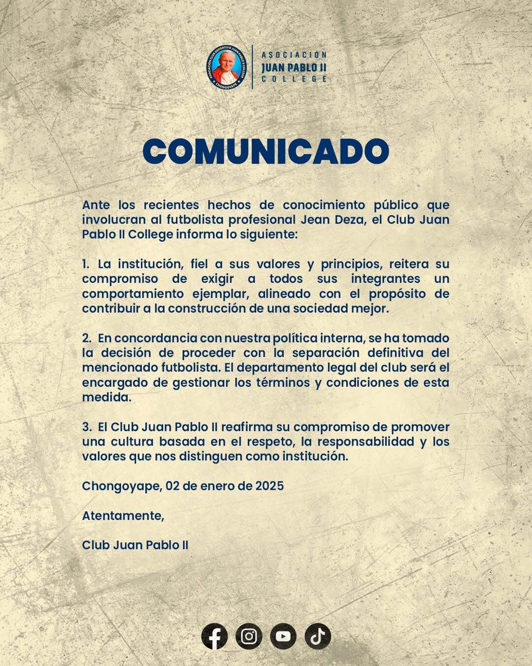 El comunicado de Juan Pablo II College. (Imagen: Juan Pablo II College)