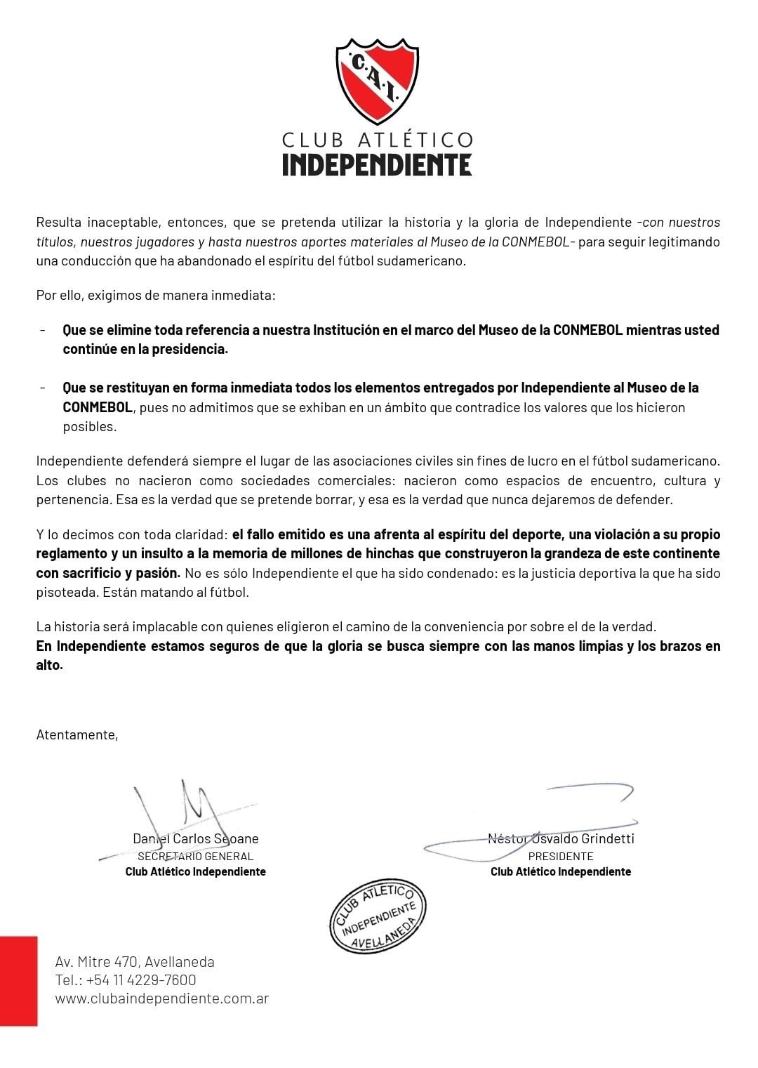 Comunicado de Independiente a CONMEBOL | FOTO: Independiente
