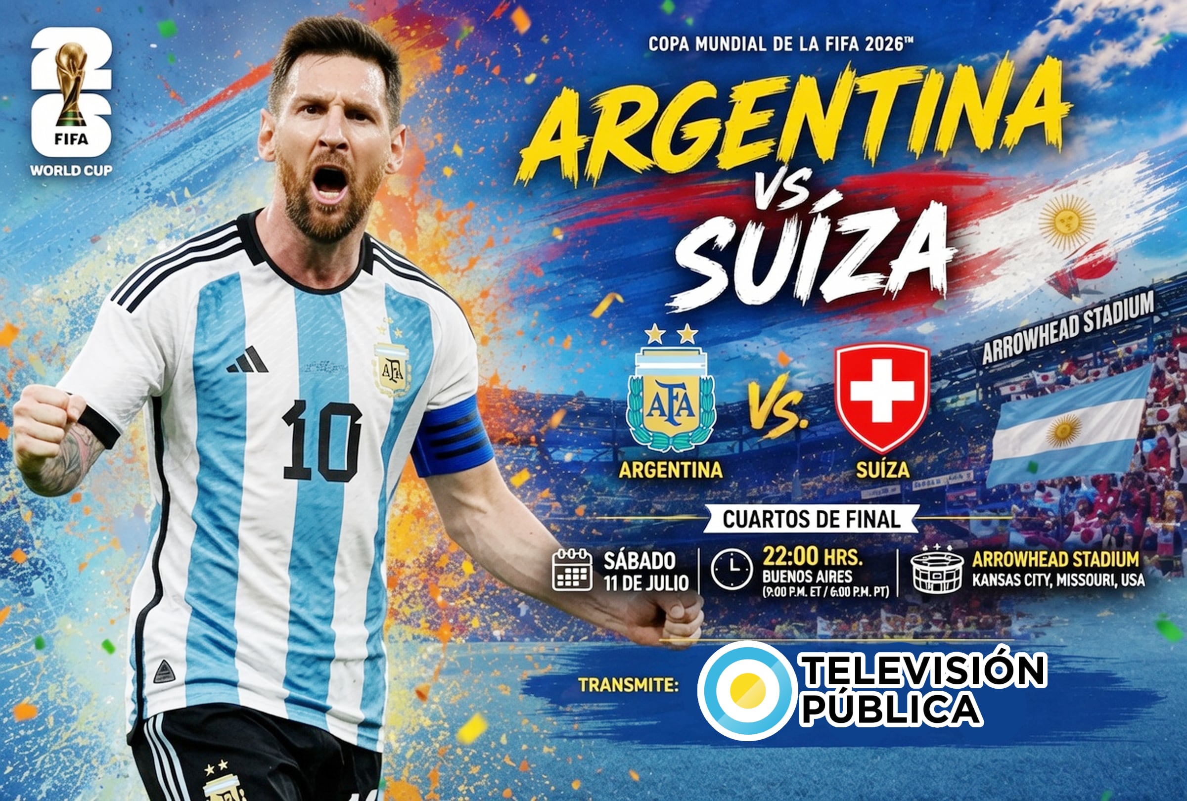 KANSAS CITY, MISURI (ESTADOS UNIDOS), 11/07/2026.- Cobertura oficial de TV Pública (Canal 7) EN VIVO GRATIS para ver el partido Argentina vs. Suiza hoy por los cuartos de final de la Copa Mundial de la FIFA 2026 en el Arrowhead Stadium de Kansas City, Misuri. FOTO DE NOÉ YACTAYO