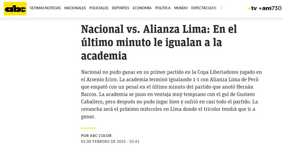 Portada del medio 'ABC' de Paraguay sobre el Alianza Lima vs. Nacional por la Copa Libertadores (Foto: ABC).