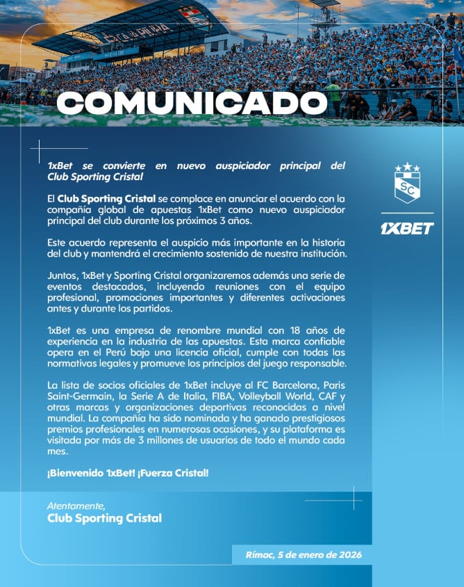 Comunicado de Sporting Cristal por el nuevo convenio.