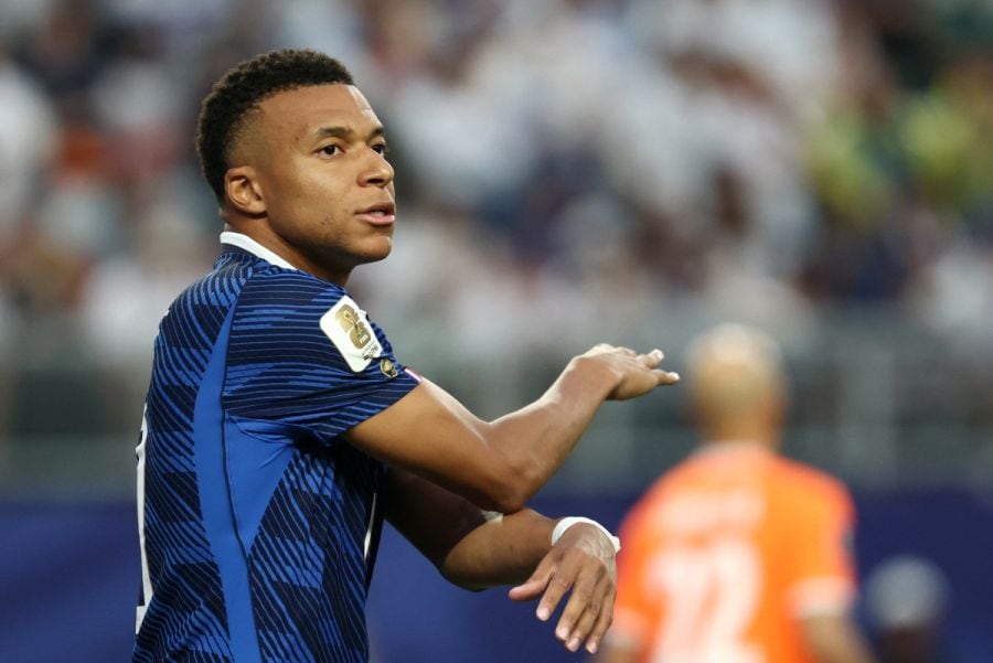 France's forward #10 Kylian Mbappe reacts during the 2026 World Cup Group I football match between France and Iraq at the Philadelphia Stadium in Philadelphia on June 22, 2026. (Photo by FRANCK FIFE / AFP)