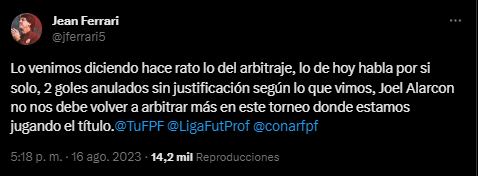 La publicación de Jean Ferrari en redes sociales. (Captura: Twitter)