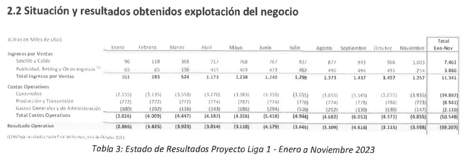 Cuadro donde se detalla los ingresos y egresos por mes en el primer año de operación de 1190 Sports.