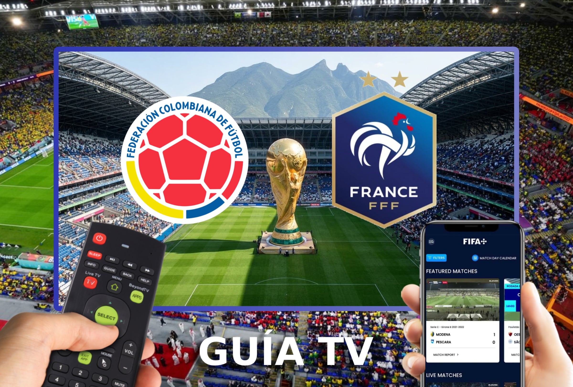 LANDOVER, MARYLAND (ESTADOS UNIDOS), 29/03/2026.- Lista de canales de televisión y servicios streaming para ver el partido entre Colombia y Francia este domingo 29 de marzo, por amistoso internacional de la Copa Mundial FIFA 2026 desde el Northwest Stadium de Landover, Maryland. FOTO CREADA POR NOÉ YACTAYO CON PERPLEXITY AI PARA DEPOR.COM