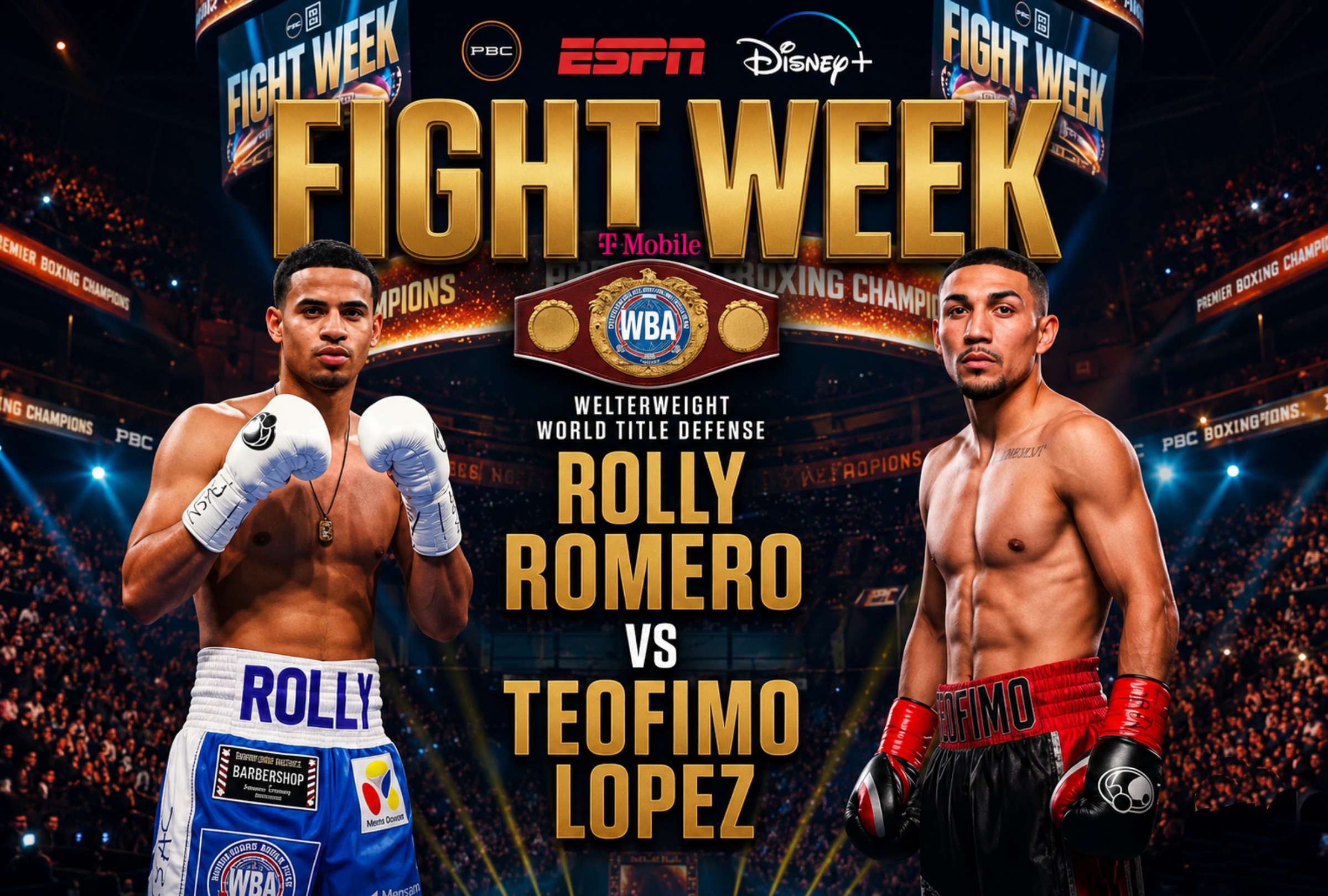 LAS VEGAS, NEVADA (ESTADOS UNIDOS), 22/08/2026.- Cobertura oficial de ESPN (Disney Plus Premium) EN VIVO ONLINE para ver el partido de Rolando "Rolly" Romero vs. Teófimo López hoy por el cinturón peso wélter de AMB en el T-Mobile Arena de Las Vegas, Nevada. FOTO DE ESPN