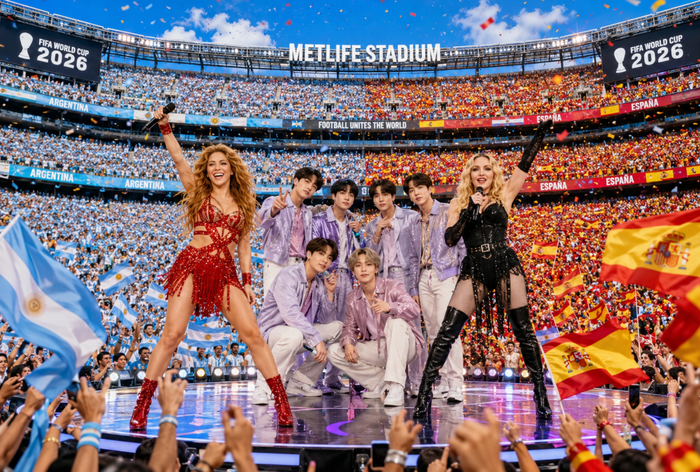 EAST RUTHERFORD, NUEVA JERSEY (ESTADOS UNIDOS), 19/07/2026.- Cobertura oficial de TV Azteca 7 y Canal 5 EN VIVO GRATIS para ver el show de medio tiempo de la final del Mundial 2026 con Shakira, BTS, Madonna, Justin Bieber, entre otros, en el MetLife Stadium de East Rutherford, Nueva Jersey. IMAGEN CREADA POR NOÉ YACTAYO CON IA DE CHATGPT PARA DEPOR.COM