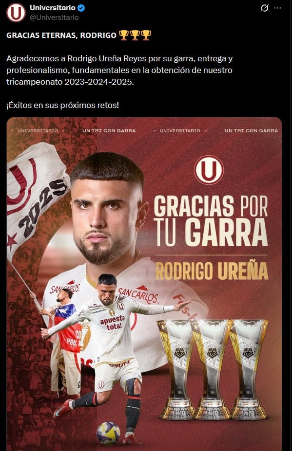 Universitario anunció la salida de Rodrigo Ureña. (Foto: Universitario)