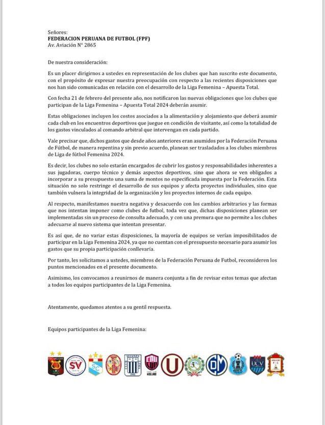 Comunicado de 12 clubes de la Liga Femenina.